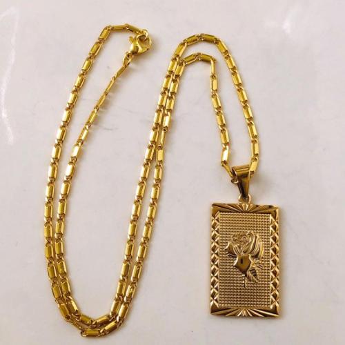 304 Stainless Steel Necklace, Rectangle, gold color plated, with flower pattern & for woman, Length:Approx 16-20 Inch, Sold By PC