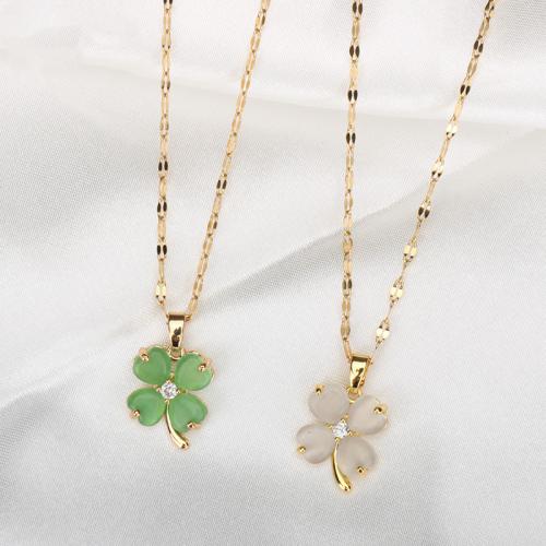 Titanium Steel Necklace, with Jade, Four Leaf Clover, gold color plated, different materials for choice & for woman, Length:Approx 16-20 Inch, Sold By PC