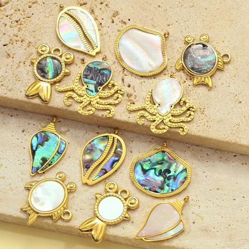 Stainless Steel Pendants, 304 Stainless Steel, with Shell, gold color plated, DIY & enamel, more colors for choice, 3PCs/Bag, Sold By Bag