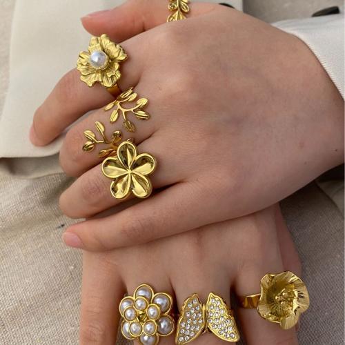 Stainless Steel Finger Ring, 304 Stainless Steel, with Plastic Pearl, gold color plated, fashion jewelry & with rhinestone, more colors for choice, Sold By PC