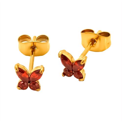 Stainless Steel Stud Earrings, 304 Stainless Steel, Butterfly, 18K gold plated, fashion jewelry & micro pave cubic zirconia & for woman, more colors for choice, Sold By Pair
