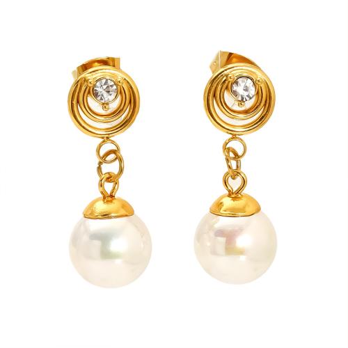 Stainless Steel Drop Earring, 304 Stainless Steel, with Plastic Pearl, 18K gold plated, for woman & with rhinestone & hollow, Sold By Pair