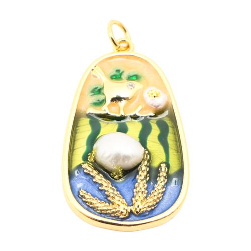 Cubic Zirconia Micro Pave Brass Pendant, with Freshwater Pearl, DIY & micro pave cubic zirconia & enamel, Crystal Gold, 30x18x4mm, Sold By PC