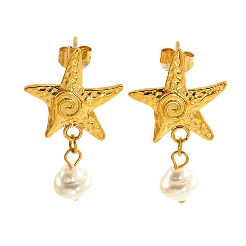 Stainless Steel Drop Earring, 304 Stainless Steel, with Plastic Pearl, 18K gold plated, fashion jewelry & for woman, Sold By Pair