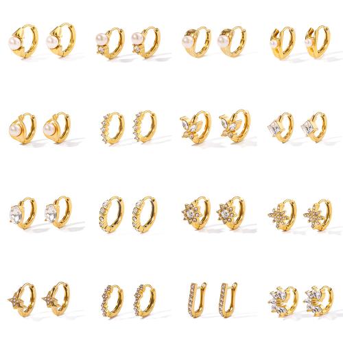 Stainless Steel Lever Back Earring, 304 Stainless Steel, with Cubic Zirconia & Plastic Pearl, 18K gold plated, fashion jewelry & different styles for choice & for woman, Sold By Pair