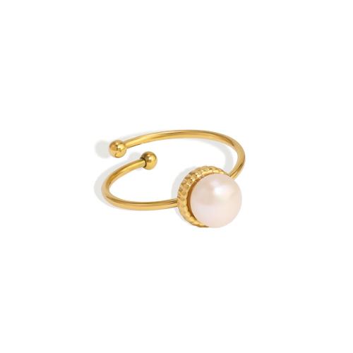 Stainless Steel Finger Ring, 304 Stainless Steel, with Plastic Pearl, plated, fashion jewelry & different styles for choice & for woman, golden, Sold By PC