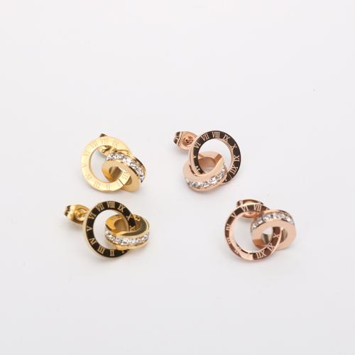 Titanium Steel Drop Earring, Donut, plated, with roman number & for woman & with rhinestone, more colors for choice, 20mm, Sold By Pair