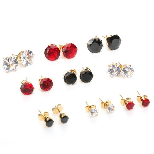 Titanium Steel Stud Earring, gold color plated, different size for choice & for woman & with cubic zirconia, more colors for choice, Sold By Pair