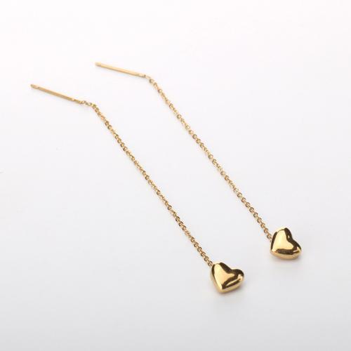 Titanium Steel Thread Through Earrings, Heart, gold color plated, fashion jewelry & for woman, earring length 40-60mm, Sold By Pair