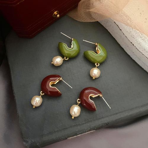 Tibetan Style Drop Earring, with Plastic Pearl, gold color plated, for woman & enamel, more colors for choice, earring length 20-30mm, Sold By Pair