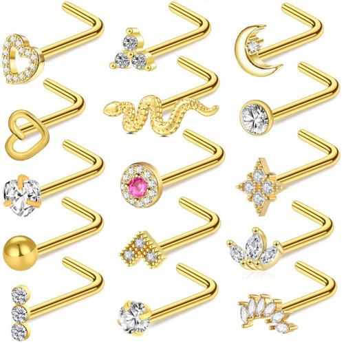 304 Stainless Steel Nose Piercing Jewelry, gold color plated, Unisex & different styles for choice & micro pave cubic zirconia, 7x0.80mm, Sold By PC