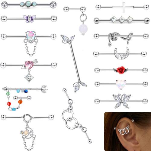 304 Stainless Steel Piercing Earring, Unisex & different styles for choice & micro pave cubic zirconia & enamel, 38x1.60mm, Sold By PC