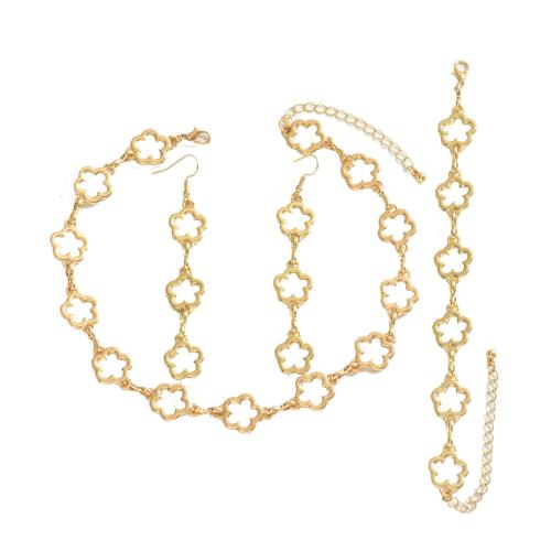 Brass Jewelry Set, bracelet & earring & necklace, plated, three pieces & for woman & hollow, golden, Sold By Set
