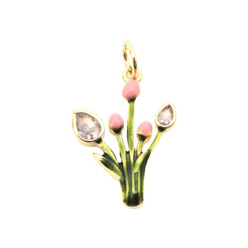 Cubic Zirconia Micro Pave Brass Pendant, Bouquet, DIY & micro pave cubic zirconia & enamel, golden, 18x13x2mm, Sold By PC