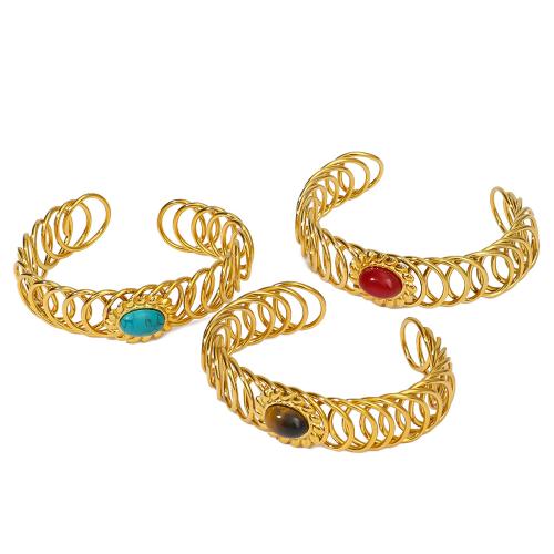 Stainless Steel Bangle, 304 Stainless Steel, with Natural Stone, 18K gold plated, different materials for choice & for woman & hollow, Sold By PC