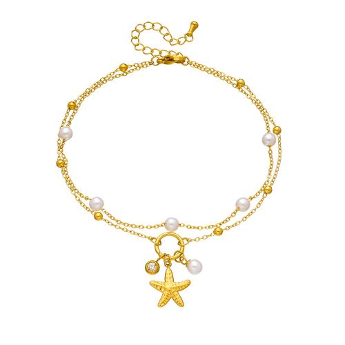 Stainless Steel Anklet, 304 Stainless Steel, with Plastic Pearl, plated, Double Layer & micro pave cubic zirconia & for woman, golden, Sold By PC