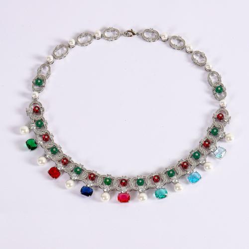 Brass Necklace, with ABS Plastic Pearl & Cubic Zirconia, fashion jewelry & for woman, more colors for choice, Length:Approx 31 cm, Sold By PC