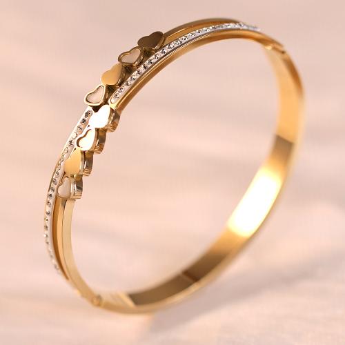 Titanium Steel Bangle, with White Shell, Heart, gold color plated, for woman & with rhinestone, Inner Diameter:Approx 60mm, Sold By PC