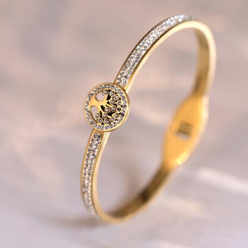 Titanium Steel Bangle, Tree, gold color plated, micro pave cubic zirconia & for woman, Inner Diameter:Approx 60mm, Sold By PC