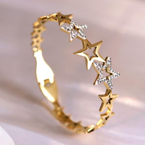 Titanium Steel Bangle, Star, gold color plated, for woman & with rhinestone, Inner Diameter:Approx 60mm, Sold By PC