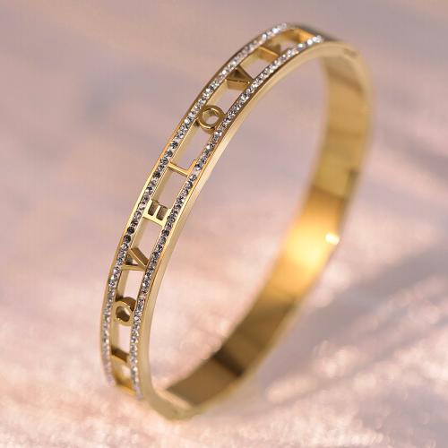 Titanium Steel Bangle, Alphabet Letter, gold color plated, for woman & with rhinestone, Inner Diameter:Approx 60mm, Sold By PC