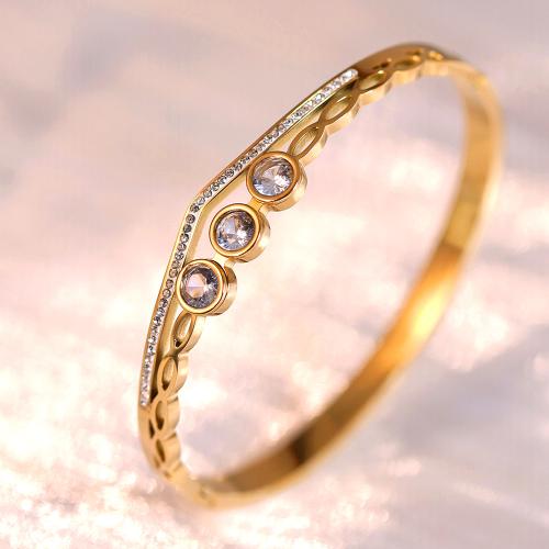 Titanium Steel Bangle, gold color plated, for woman & with rhinestone, Inner Diameter:Approx 60mm, Sold By PC