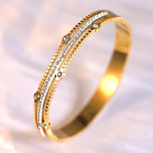 Titanium Steel Bangle, gold color plated, for woman & with rhinestone, Inner Diameter:Approx 60mm, Sold By PC