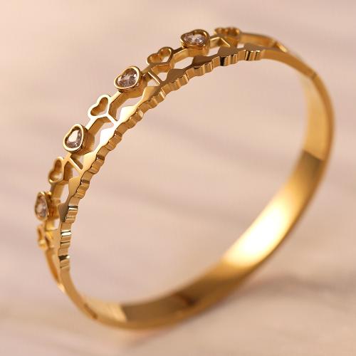 Titanium Steel Bangle, Heart, gold color plated, for woman & with rhinestone & hollow, Inner Diameter:Approx 60mm, Sold By PC
