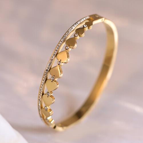 Titanium Steel Bangle, Heart, gold color plated, for woman & with rhinestone, Inner Diameter:Approx 60mm, Sold By PC