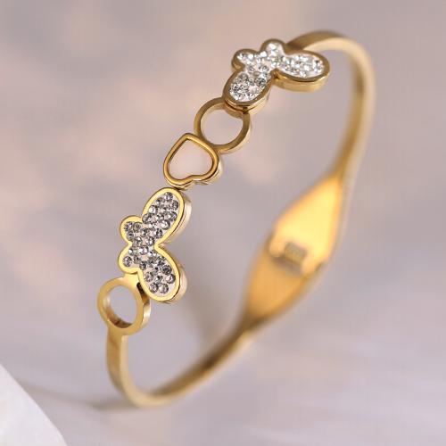 Titanium Steel Bangle, with White Shell, Butterfly, gold color plated, for woman & with rhinestone, Inner Diameter:Approx 60x50mm, Sold By PC