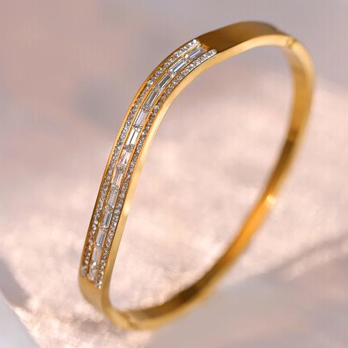 Titanium Steel Bangle, gold color plated, micro pave cubic zirconia & for woman, Inner Diameter:Approx 60mm, Sold By PC