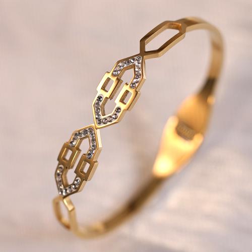Titanium Steel Bangle, Geometrical Pattern, plated, for woman & with rhinestone & hollow, more colors for choice, Inner Diameter:Approx 60mm, Sold By PC