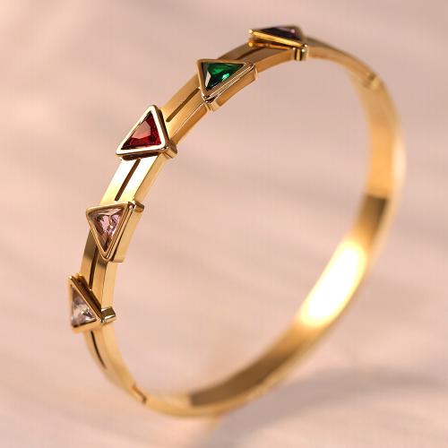 Titanium Steel Bangle, Triangle, gold color plated, micro pave cubic zirconia & for woman, Inner Diameter:Approx 60mm, Sold By PC