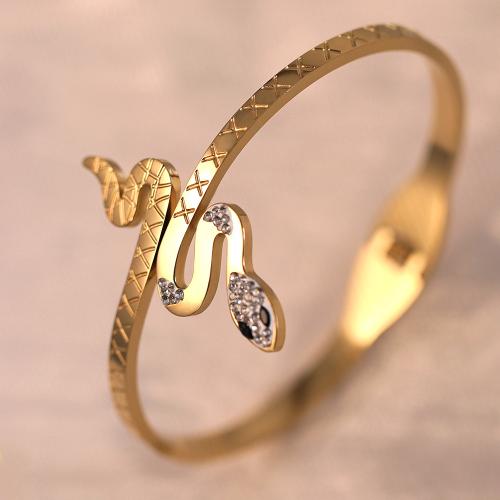 Titanium Steel Bangle, Snake, gold color plated, for woman & with rhinestone, Inner Diameter:Approx 60mm, Sold By PC