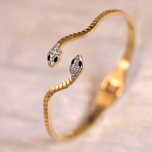 Titanium Steel Bangle, Snake, gold color plated, for woman & with rhinestone, Inner Diameter:Approx 60mm, Sold By PC