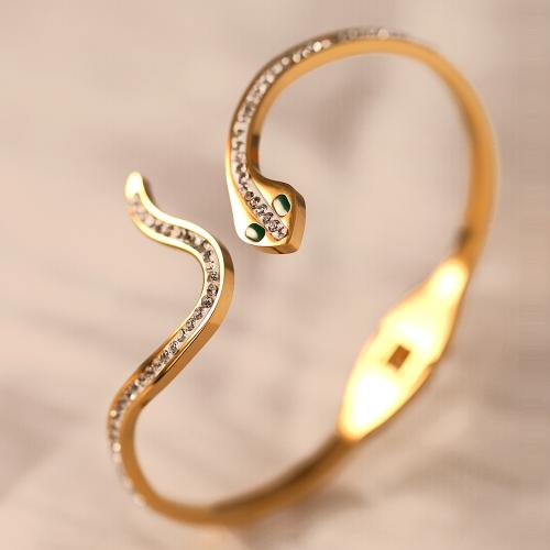 Titanium Steel Bangle, Snake, gold color plated, for woman & with rhinestone, Inner Diameter:Approx 60mm, Sold By PC