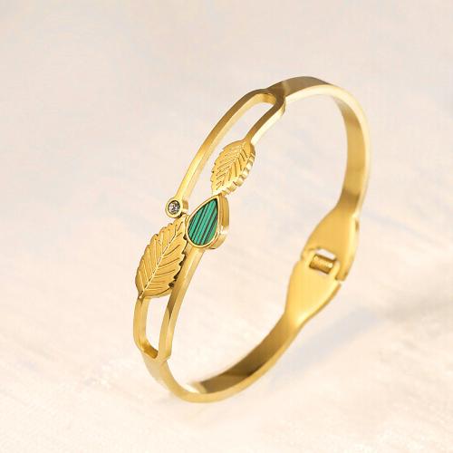 Titanium Steel Bangle, with Shell, gold color plated, for woman & with rhinestone, Inner Diameter:Approx 60mm, Sold By PC
