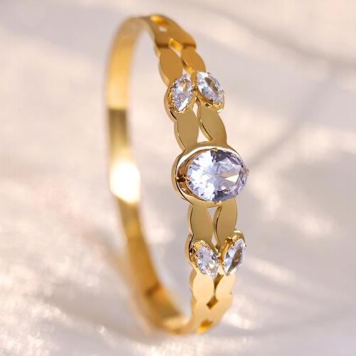 Titanium Steel Bangle, gold color plated, for woman & with rhinestone, Inner Diameter:Approx 60mm, Sold By PC