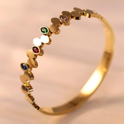 Titanium Steel Bangle, gold color plated, micro pave cubic zirconia & for woman, Inner Diameter:Approx 60mm, Sold By PC
