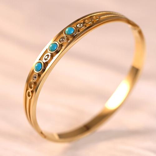 Titanium Steel Bangle, with Sapphire​, gold color plated, micro pave cubic zirconia & for woman, Inner Diameter:Approx 60mm, Sold By PC