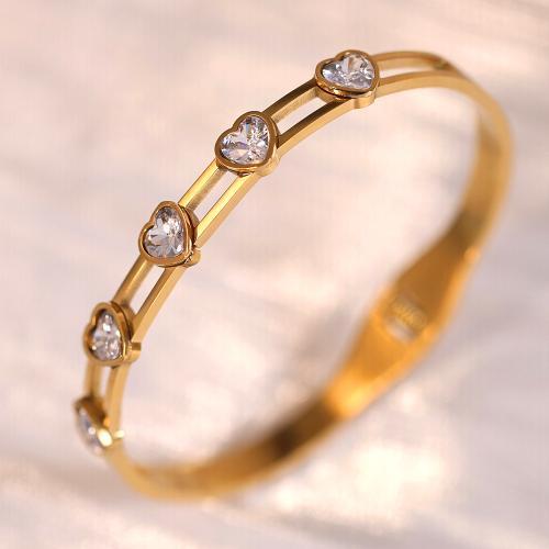 Titanium Steel Bangle, Heart, gold color plated, micro pave cubic zirconia & for woman & hollow, Inner Diameter:Approx 60mm, Sold By PC