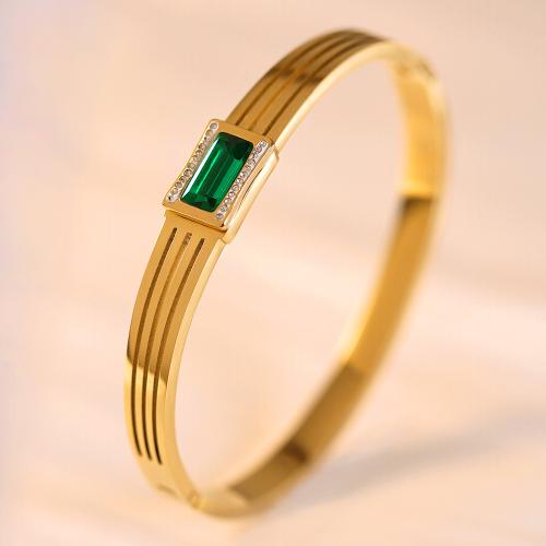 Titanium Steel Bangle, Geometrical Pattern, gold color plated, micro pave cubic zirconia & for woman, Inner Diameter:Approx 60mm, Sold By PC