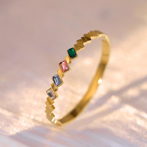Titanium Steel Bangle, Geometrical Pattern, gold color plated, micro pave cubic zirconia & for woman, Inner Diameter:Approx 60mm, Sold By PC