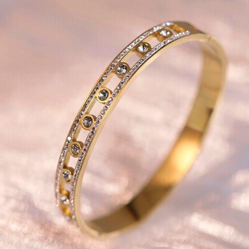 Titanium Steel Bangle, gold color plated, for woman & with rhinestone & hollow, Inner Diameter:Approx 60mm, Sold By PC