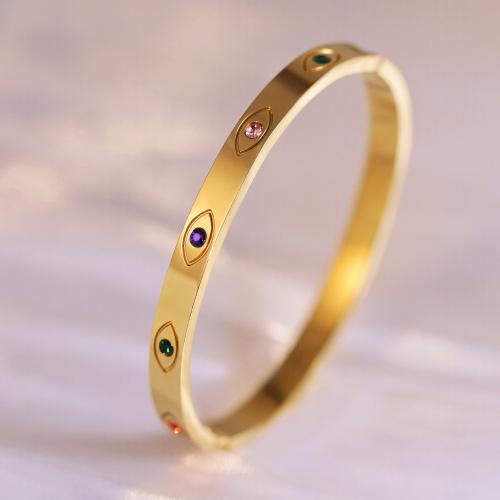 Titanium Steel Bangle, gold color plated, for woman & with rhinestone, Inner Diameter:Approx 60mm, Sold By PC