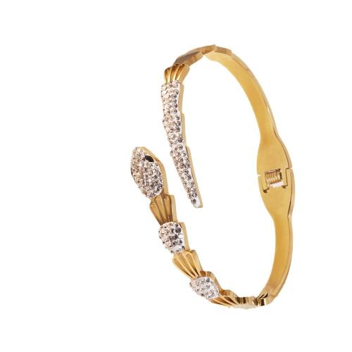 Titanium Steel Bangle, Snake, gold color plated, for woman & with rhinestone, Inner Diameter:Approx 60mm, Sold By PC