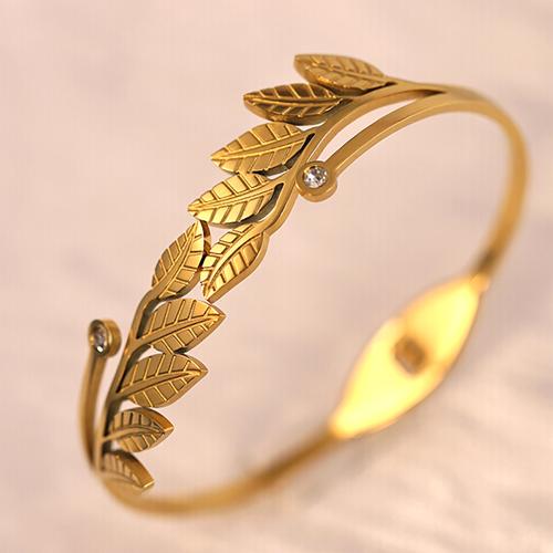 Titanium Steel Bangle, Leaf, gold color plated, for woman & with rhinestone, Inner Diameter:Approx 60mm, Sold By PC