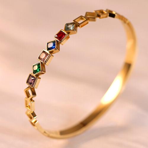 Titanium Steel Bangle, Geometrical Pattern, gold color plated, micro pave cubic zirconia & for woman, Inner Diameter:Approx 60mm, Sold By PC