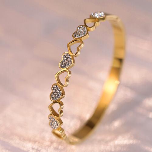 Titanium Steel Bangle, Heart, gold color plated, for woman & with rhinestone & hollow, Inner Diameter:Approx 60mm, Sold By PC