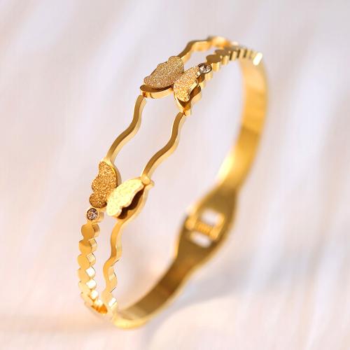 Titanium Steel Bangle, Butterfly, gold color plated, micro pave cubic zirconia & for woman & hollow, Inner Diameter:Approx 60mm, Sold By PC